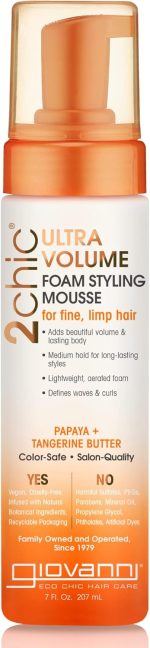 GIOVANNI 2chic Ultra-Volume Foam Styling Mousse, 7 oz. - Daily Volumizing Formula with Papaya & Tangerine Butter, Promotes Weightless Control for Fine Limp Thin Hair, No Parabens, Color Safe