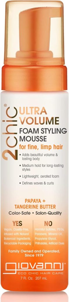 GIOVANNI 2chic Ultra-Volume Foam Styling Mousse, 7 oz. - Daily Volumizing Formula with Papaya & Tangerine Butter, Promotes Weightless Control for Fine Limp Thin Hair, No Parabens, Color Safe