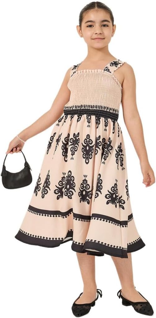 Styli Girls All-Over Print Strappy Dress With Smocked Detail