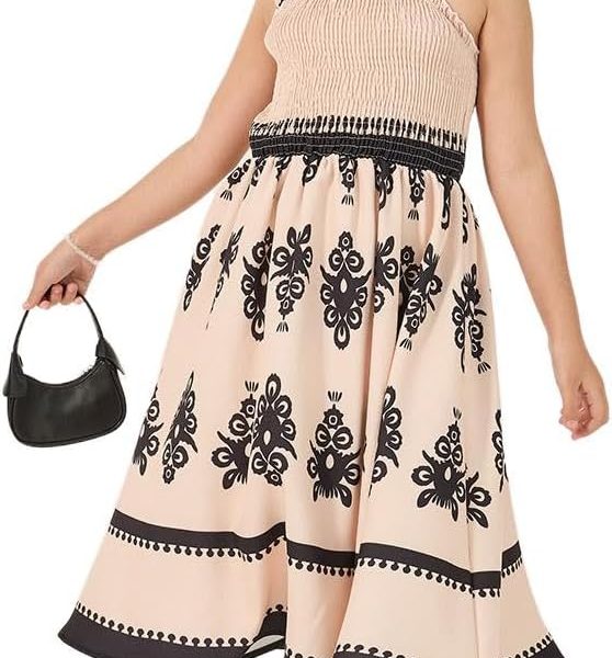 Styli Girls All-Over Print Strappy Dress With Smocked Detail