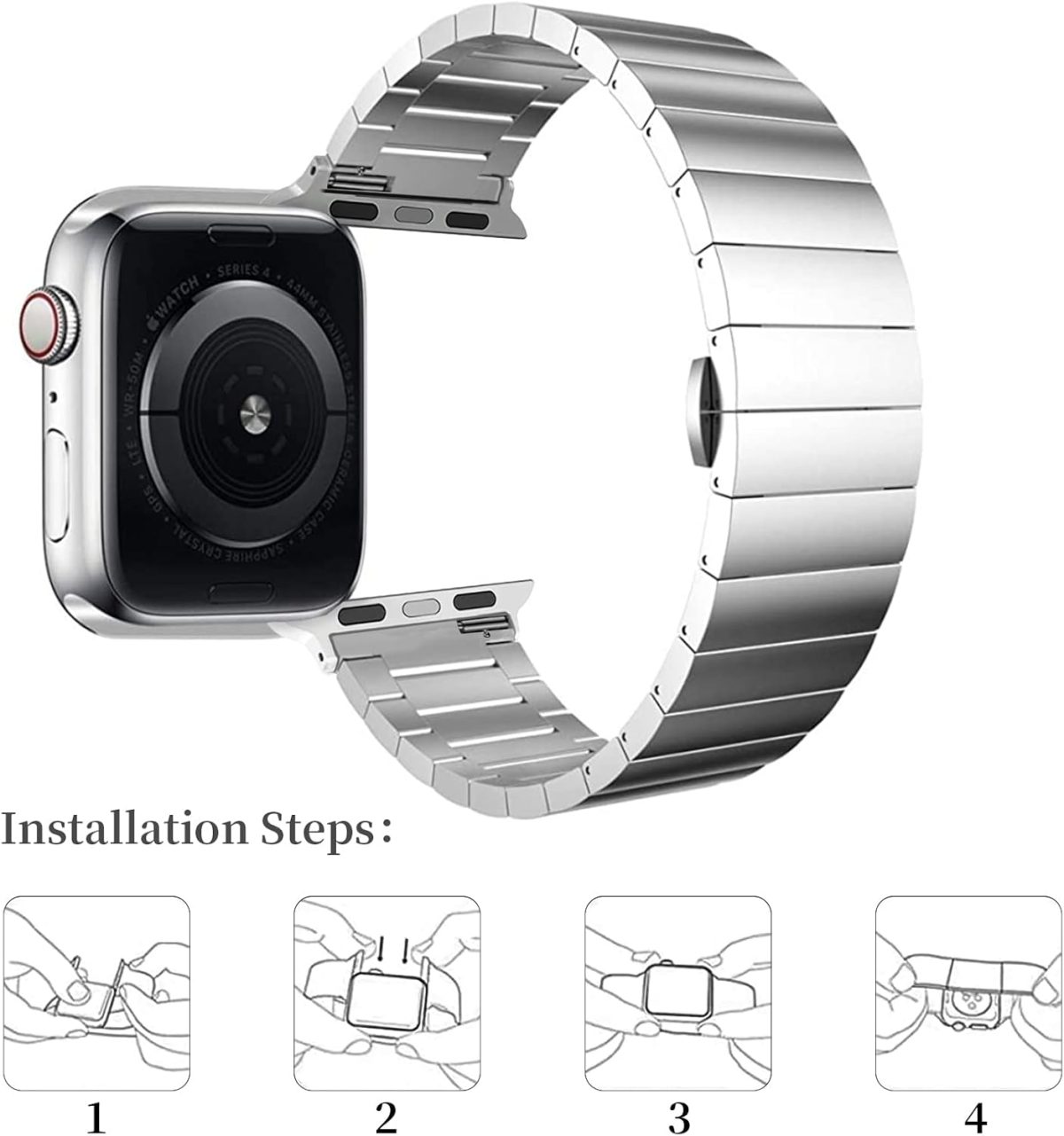 ⁦INFOSUN Watch Band Strap 42mm 44mm 45mm 49mm Compatible with Apple Watch Stainless Steel Metal Bands, Replacement Wristband, for iWatch Ultra/Ultra 2 Series 9/8/7/6/5/4/3/2/1(Sliver)⁩ - الصورة ⁦3⁩