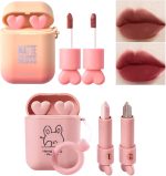 MAKINGTEC 2Pcs set Matte Velvet Earphone Liquid Lipstick, Waterproof Long Lasting Lipstick Matte Kit with 2Pcs set Glitter Shimmer Eyeshadow Sticks, Long Lasting, Quick Drying, Easy to Apply