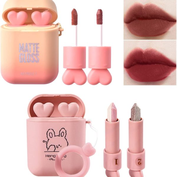 MAKINGTEC 2Pcs set Matte Velvet Earphone Liquid Lipstick, Waterproof Long Lasting Lipstick Matte Kit with 2Pcs set Glitter Shimmer Eyeshadow Sticks, Long Lasting, Quick Drying, Easy to Apply