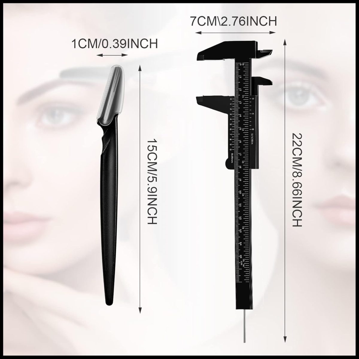 ⁦6 Pieces Tattoo Eyebrow Ruler 3 Point Positioning Ruler Mini Caliper Double Scale Vernier Caliper Eyebrow Golden Ratio Caliper Microblading Ruler Gauge Ruler Measuring Tool with Eyebrow Shaver⁩ - الصورة ⁦4⁩