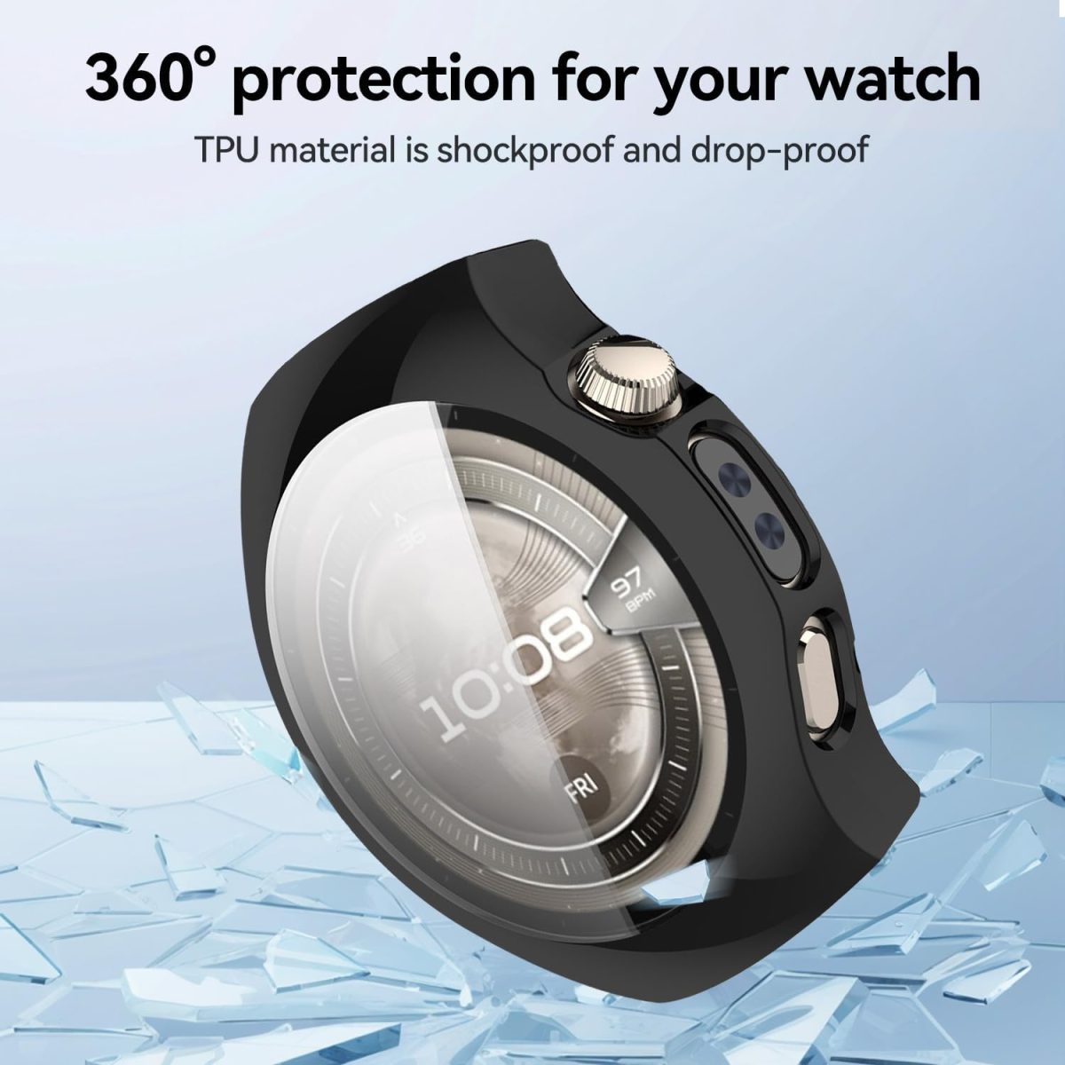 ⁦T Tersely Case and Screen Protector for Huawei Watch 5 46mm, All-around Anti Scratch Shockproof Protective Hard PC Full Cover Tempered Glass Compatible with Huawei Watch 5 (Black)⁩ - الصورة ⁦3⁩