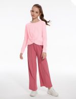⁦Gaupafmb Girls Fall Outfits Fashion Solid Long Sleeve Twist Crop Tops and Wide Leg Pants Girls Clothing Set⁩ - الصورة ⁦2⁩