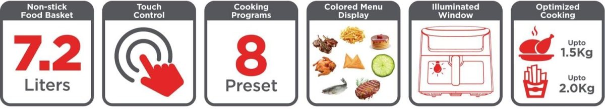 ⁦BLACK+DECKER 8-in-1 Digital Air Fryer with Window, 7.2L Large Capacity, 1800W, Rapid Air Technology, LED Touch Display, Dehydrate Function, Dishwasher Safe Basket, Cool-Touch Handle - AF7210-B5⁩ - الصورة ⁦6⁩