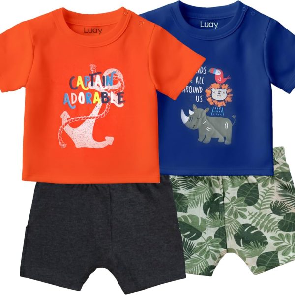 LUAY 100% Organic Cotton Baby Boy & Girls Clothing Set Short Sleeve Kids Clothes Boys & Girls Toddler Short Set Cute Animal Print Combo Pack Of 2 Top and Shorts Outfit For New born