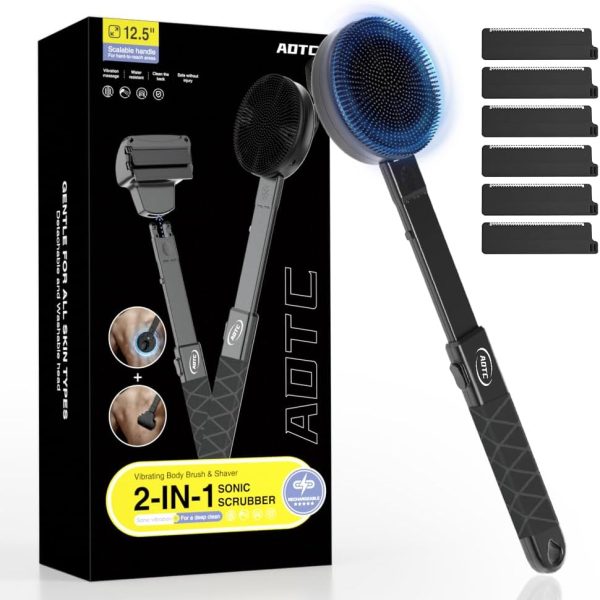 ADTC Manual Men's Back Shaver and Electric Back Scrubber Fit, Back Shaver for Men with Electric Back Scrubber for Shower-Includes 6 Safety Shave Heads and Ergonomic Handle for Exfoliating and Massage