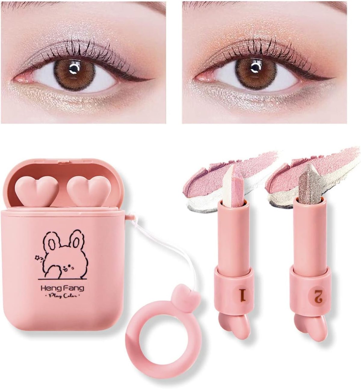 ⁦MAKINGTEC 2Pcs set Matte Velvet Earphone Liquid Lipstick, Waterproof Long Lasting Lipstick Matte Kit with 2Pcs set Glitter Shimmer Eyeshadow Sticks, Long Lasting, Quick Drying, Easy to Apply⁩ - الصورة ⁦2⁩