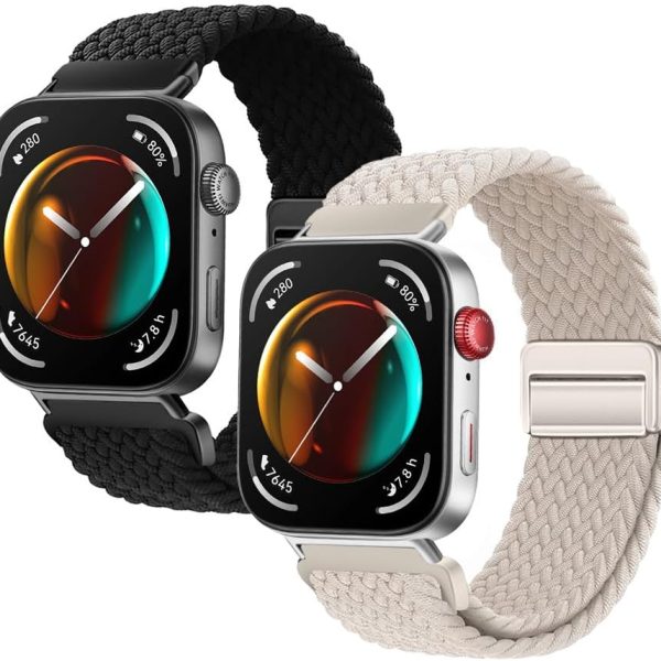 Braid Band Compatible with HUAWEI WATCH FIT4/ 4 Pro Smartwatch, Soft Stretch Nylon Replacement Strap with Magnetic Buckle (2 Packs)