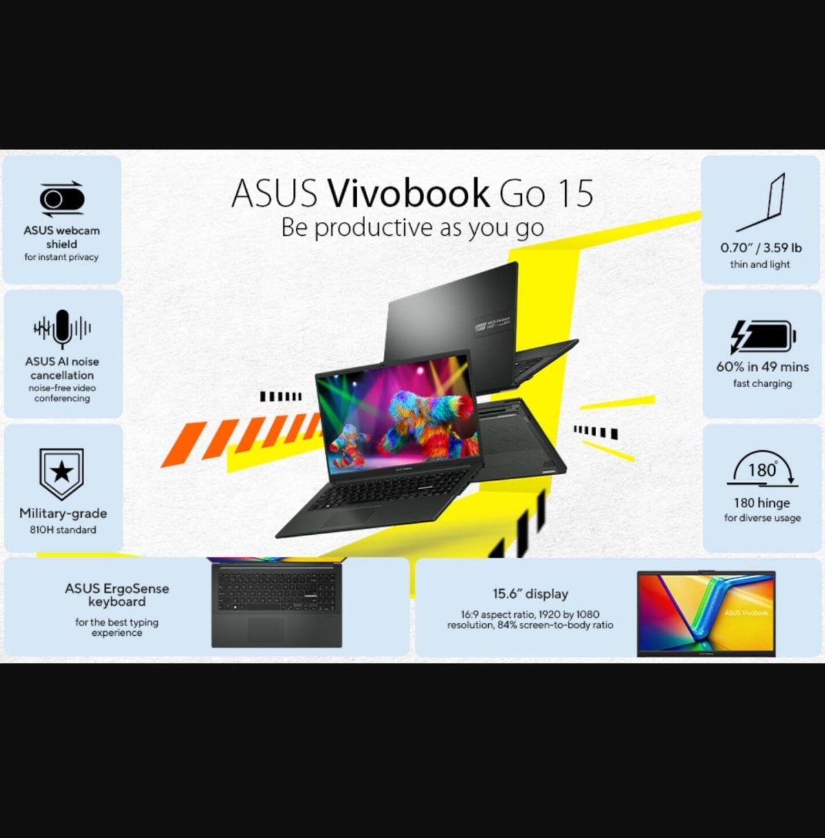 ⁦ASUS Vivobook Go 15.6” Business Slim Laptop, AMD Ryzen 3 7320U, 8GB DDR5 RAM, 1TB SSD, Webcam, USB C, 180° Lay-Flat, WiFi, Bluetooth5.1, Win 11, w/Cloth⁩ - الصورة ⁦2⁩