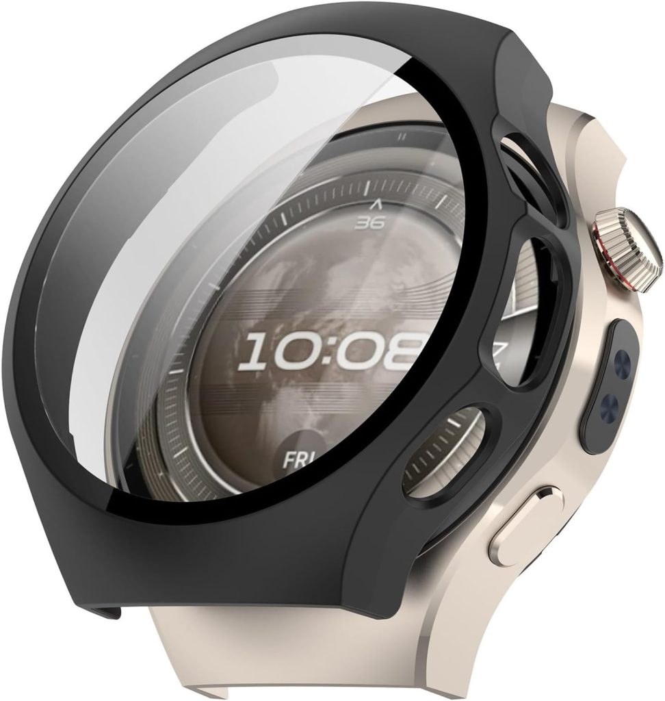 T Tersely Case and Screen Protector for Huawei Watch 5 46mm, All-around Anti Scratch Shockproof Protective Hard PC Full Cover Tempered Glass Compatible with Huawei Watch 5 (Black)