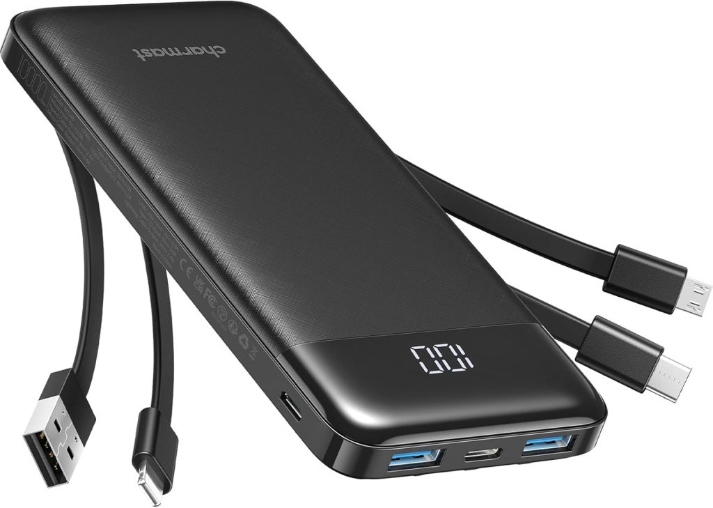 Charmast Power Bank with Built in Cable, 10000mAh USB C Battery pack 6 Outputs 2 Inputs with LED Display Type C Powerbank Portable Charger Compatible with Smartphones Tablets and More