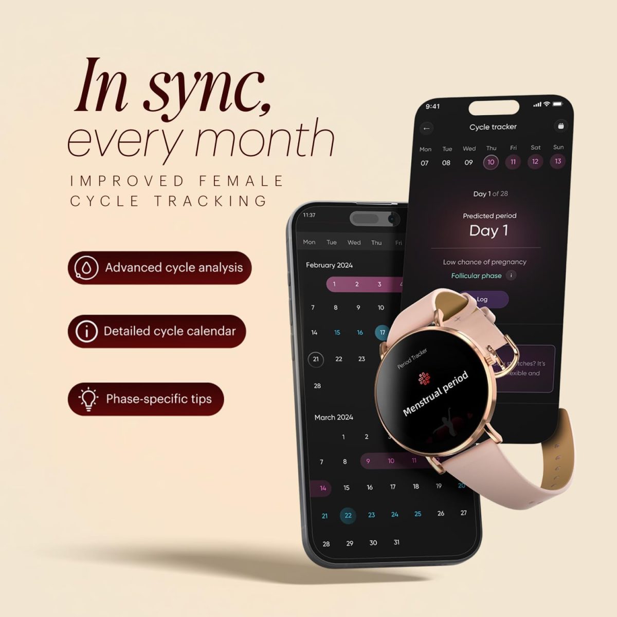 ⁦Noise Diva 2 Fashion Smart Watch for Women - Sleekest Dial, 36mm AMOLED Display, Improved Female Cycle Tracker, BT Calling, Sleep Tracking, AI Voice Assistant, Password Protection-Rose Link⁩ - الصورة ⁦7⁩