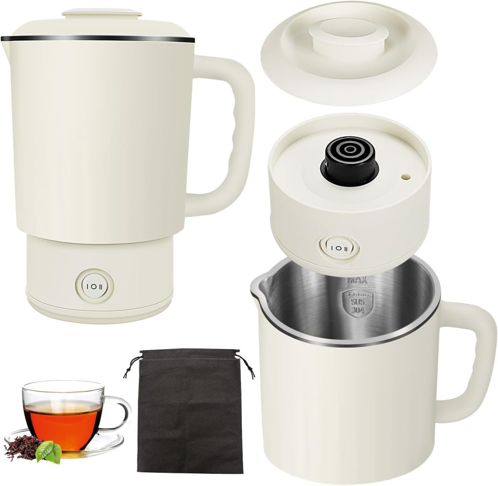 ANYOUI 4 in 1 Electric Kettle,0.8L Portable Kettle with Two Temperature Modes for Cooking, Tea, Eggs,5Mins Fast Boiling,600W Stainless Steel Kettle with Detachable Base for Camping, Travel,and Office