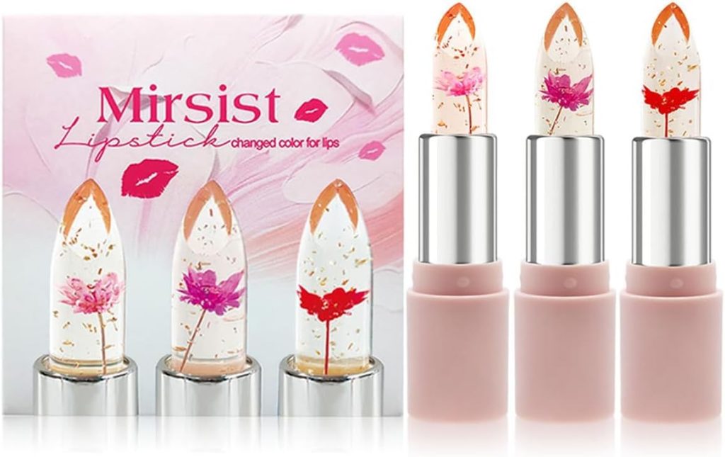 NALACAL Clear Flower Jelly Lipstick Set, 3Pcs, Nutritious Moisturizer Lip Balm Temperature Color Change, Long Lasting Hydrating Lip Gloss Makeup Set