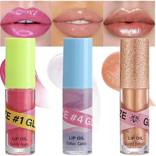 3Pcs Fruit Hydrating Glaze Lip Glow Oil Gloss Set Pink Pearl white Gold Moisturizing Plumping Plumper Shimmery Tinted Butter Lip Lio Tint Gloss Oil Stain Oul Pil Lipoil Ool Oli Okl Candy Apple