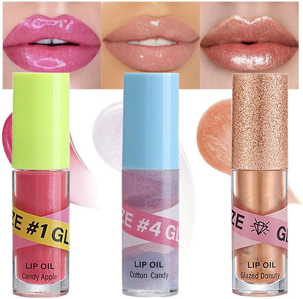 3Pcs Fruit Hydrating Glaze Lip Glow Oil Gloss Set Pink Pearl white Gold Moisturizing Plumping Plumper Shimmery Tinted Butter Lip Lio Tint Gloss Oil Stain Oul Pil Lipoil Ool Oli Okl Candy Apple
