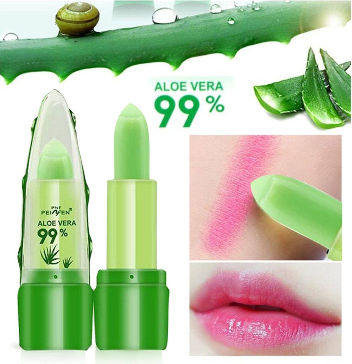 ⁦Skynest 3 Pack Aloe Vera Lip Balm, Moisturizing Lipstick Temperature Color Change Lipstick Long Lasting Nutritious Aloe Vera Lip Plumper Set (Green)⁩ - الصورة ⁦3⁩