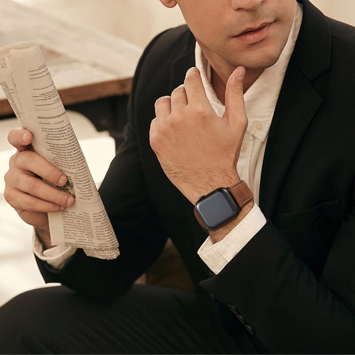⁦SUNFWR Leather Bands Compatible with Apple Watch Band 49mm 45mm 44mm 42mm for Men Women, Top Grain Genuine Leather Replacement Strap for iWatch Ultra2 Ultra SE2 SE Series 9 8 7 6 5 4 3 2 1⁩ - الصورة ⁦6⁩