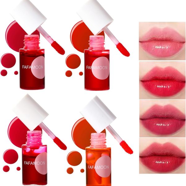 Bekoeen 4PCS Lip Tint Stain Set, Mini Liquid Water Tint,Korean Lip Gloss Moisturizing Natural,Long Lasting Waterproof,Multi-Use Lip and Cheek Tint