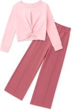 Gaupafmb Girls Fall Outfits Fashion Solid Long Sleeve Twist Crop Tops and Wide Leg Pants Girls Clothing Set