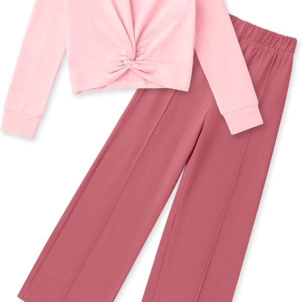 Gaupafmb Girls Fall Outfits Fashion Solid Long Sleeve Twist Crop Tops and Wide Leg Pants Girls Clothing Set