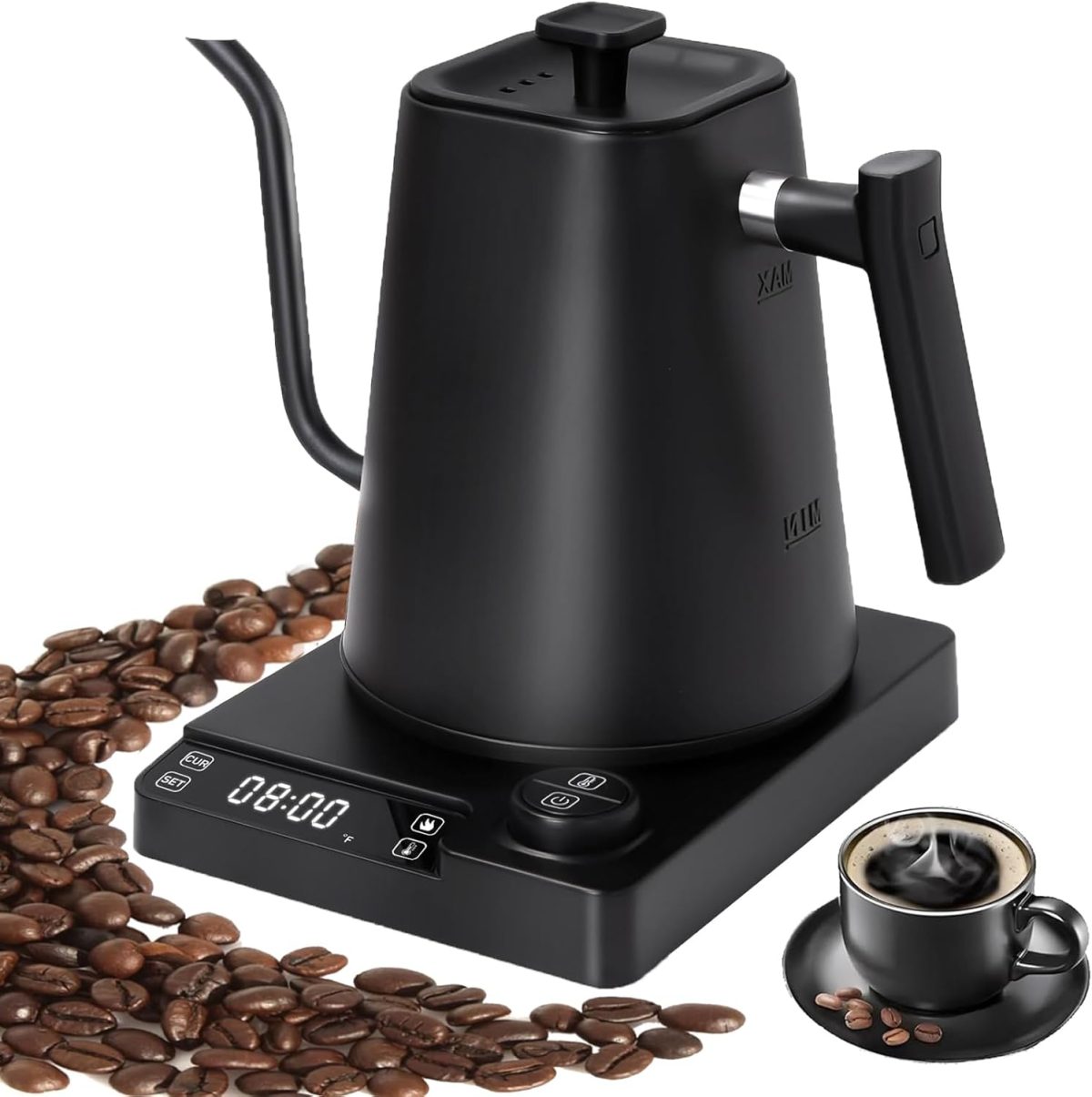 Pomefar Electric Gooseneck Kettle,Tea & Coffee Kettle with Precision Temp Control, 1200W Rapid Heating 304 Stainless Steel 1L Gooseneck kettle, 24H Keep Warm, Auto Shut-Off, Matte Black