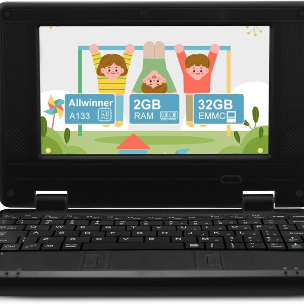 ZHAOHUIXIN 7" Portable Small Laptop, Android 12 Quad Core with 2GB RAM 32GB ROM Mini Laptop Notebook for Kids,Ideal Gift for Children 's Learning and Entertainment (Black)