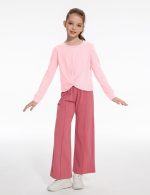 ⁦Gaupafmb Girls Fall Outfits Fashion Solid Long Sleeve Twist Crop Tops and Wide Leg Pants Girls Clothing Set⁩ - الصورة ⁦3⁩
