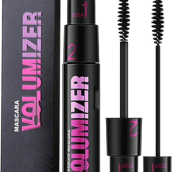 2-in-1 Black Mascara – Waterproof, Long-Lasting, Thickening & Lengthening, Curling, Natural Lashes Makeup with Dual-Brush Fiber Mascara for Women & Girls