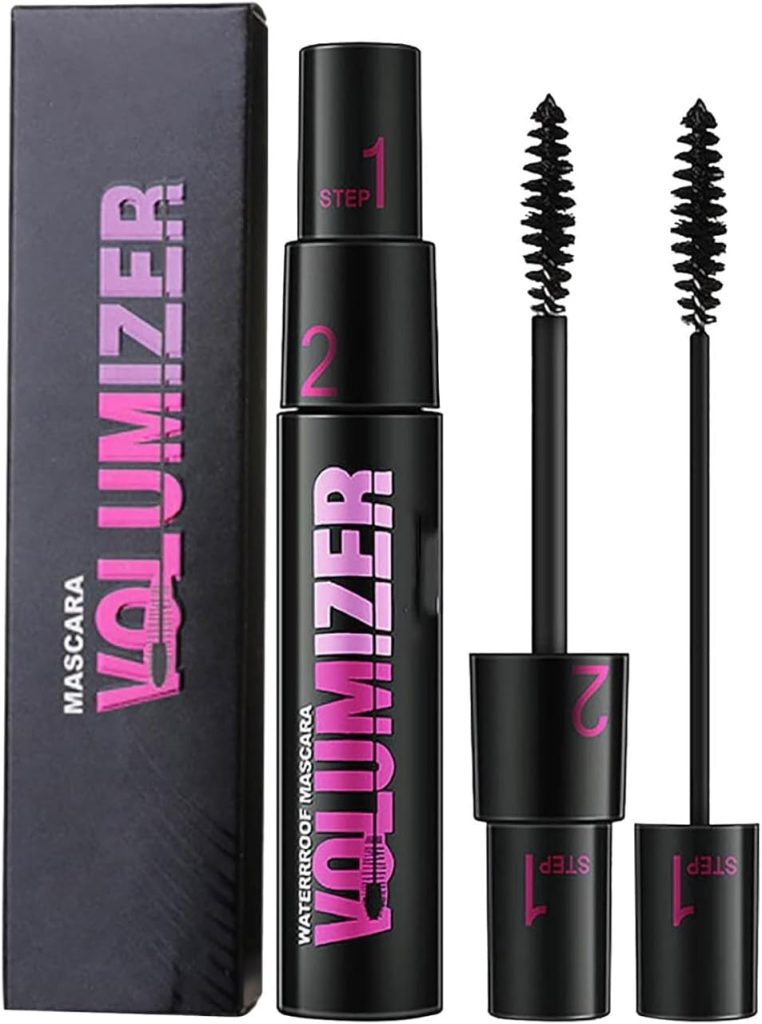2-in-1 Black Mascara – Waterproof, Long-Lasting, Thickening & Lengthening, Curling, Natural Lashes Makeup with Dual-Brush Fiber Mascara for Women & Girls