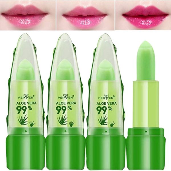 Skynest 3 Pack Aloe Vera Lip Balm, Moisturizing Lipstick Temperature Color Change Lipstick Long Lasting Nutritious Aloe Vera Lip Plumper Set (Green)