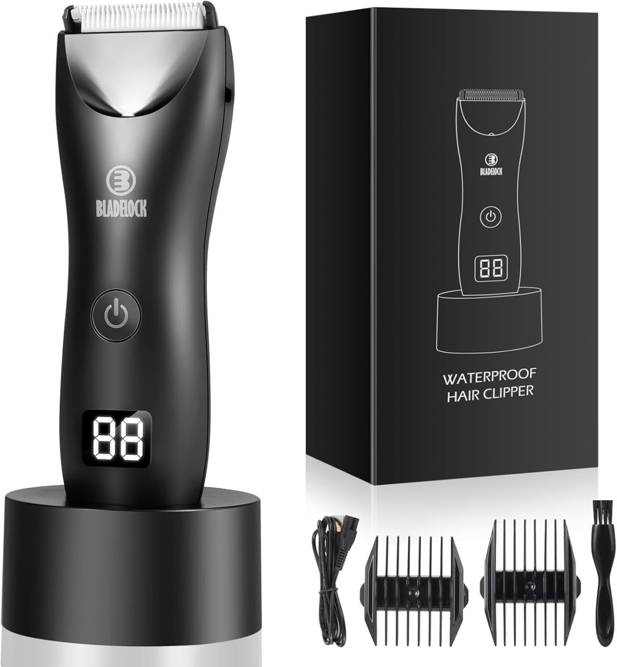 LEMULEGU Men Body Hair Trimmers,Electric LCD Battery Indicator Safe Blade Waterproof Groin Hair Shavers Male Painless Wet and Dry Quiet Hygiene Razor with Standing Charging SMT033 Black