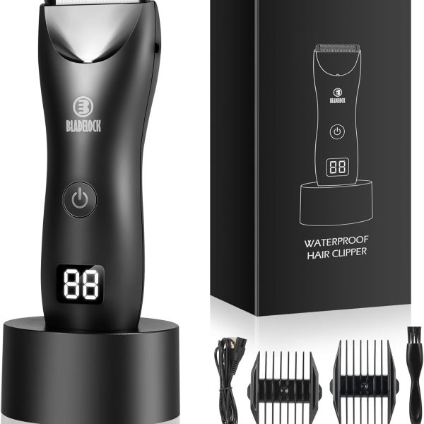 LEMULEGU Men Body Hair Trimmers,Electric LCD Battery Indicator Safe Blade Waterproof Groin Hair Shavers Male Painless Wet and Dry Quiet Hygiene Razor with Standing Charging SMT033 Black