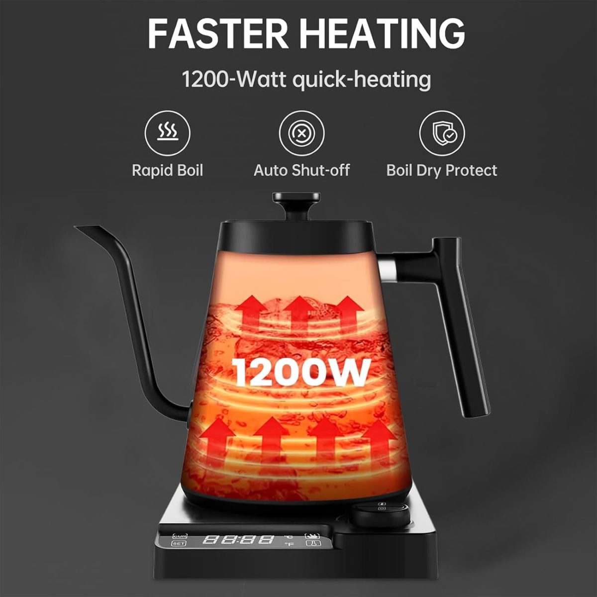 ⁦Pomefar Electric Gooseneck Kettle,Tea & Coffee Kettle with Precision Temp Control, 1200W Rapid Heating 304 Stainless Steel 1L Gooseneck kettle, 24H Keep Warm, Auto Shut-Off, Matte Black⁩ - الصورة ⁦5⁩