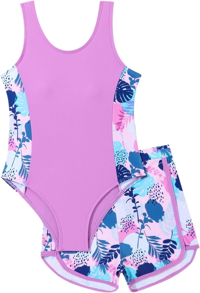 Xumplo Girls Swimming Costume Tween Girl One Piece Swimsuit with Shorts Young Girls Floral Swimwear Bathing Suit