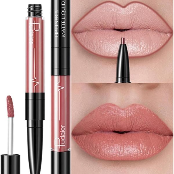 EXCEFORE Lip Liner and Lipstick Set, Matte Liquid Lipstick and Lip Liner Pens Set, Up to 12 Hour Wear, Non-Stick Cup Lip Gloss & Lip Line Pencil Set For Women (Bean Paste Color)