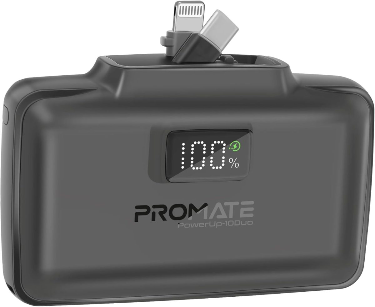 Promate 10000mAh Power Bank, Compact with 20Watt USB-C™ In/Out Foldable Connector, 20Watt Lightning Foldable Connector, Ultra-Fast 20Watt USB-C™In/Out Port, Charge Protection, LED Display (Black)