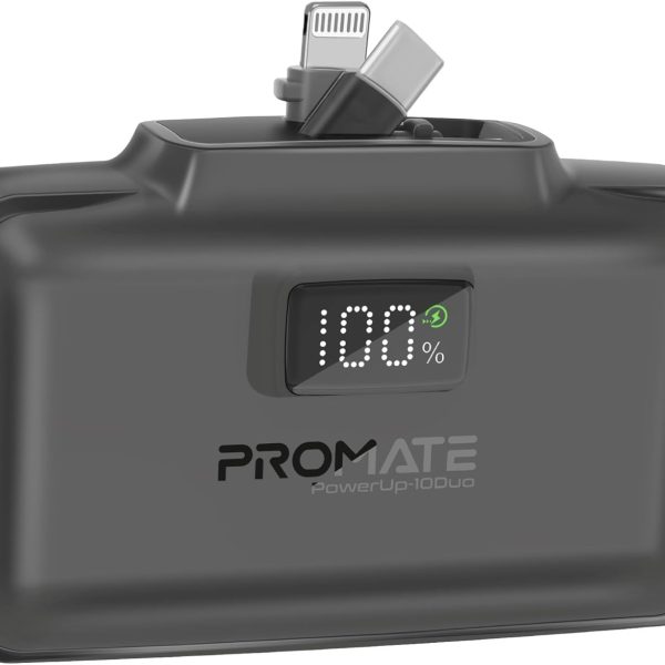 Promate 10000mAh Power Bank, Compact with 20Watt USB-C™ In/Out Foldable Connector, 20Watt Lightning Foldable Connector, Ultra-Fast 20Watt USB-C™In/Out Port, Charge Protection, LED Display (Black)