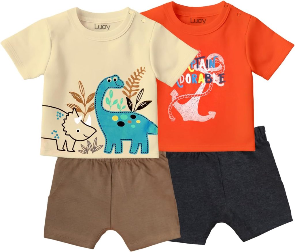 LUAY 100% Organic Cotton Baby Boy & Girls Clothing Set Short Sleeve Kids Clothes Boys & Girls Toddler Short Set Cute Animal Print Combo Pack Of 2 Top and Shorts Outfit For New born