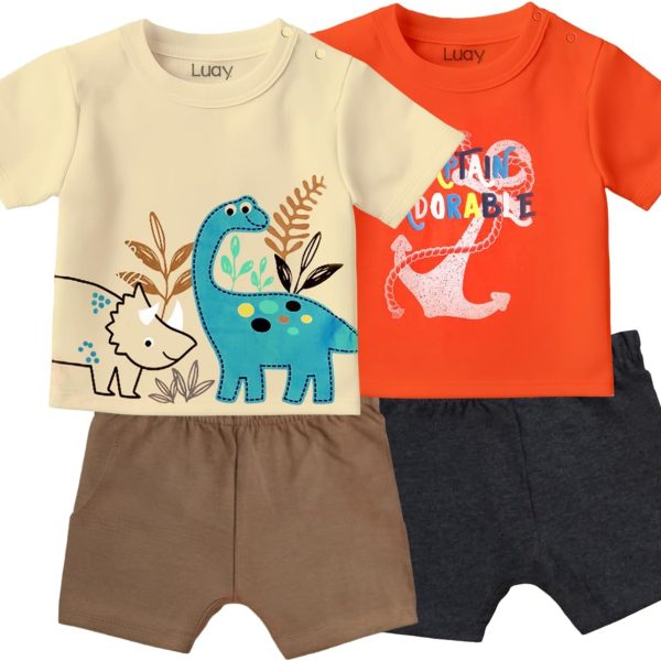 LUAY 100% Organic Cotton Baby Boy & Girls Clothing Set Short Sleeve Kids Clothes Boys & Girls Toddler Short Set Cute Animal Print Combo Pack Of 2 Top and Shorts Outfit For New born