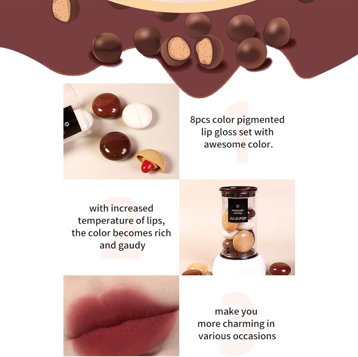 ⁦CHSEEO Mini Lipstick Set Chocolate Shape 8 Colors Velvet Matte Lip Gloss, Long Lasting Waterproof Pro, Mini Lipsticks Gift Box for Women and Girls Beauty Cosmetics - F⁩ - الصورة ⁦4⁩