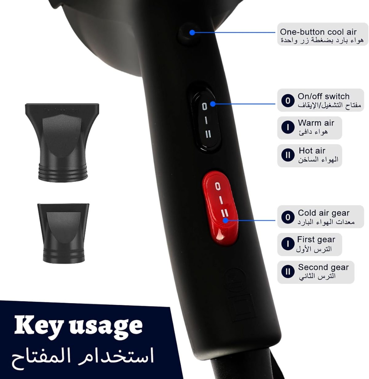 ⁦Rightsure Hair Dryer, Professional Blow Dryer, 2500W Blue Light Negative Ionic Fast Drying Hairdryer with 2 Speeds 3 Heat Settings, Cool Button, 2 Nozzle for Women Men Home Salon⁩ - الصورة ⁦4⁩