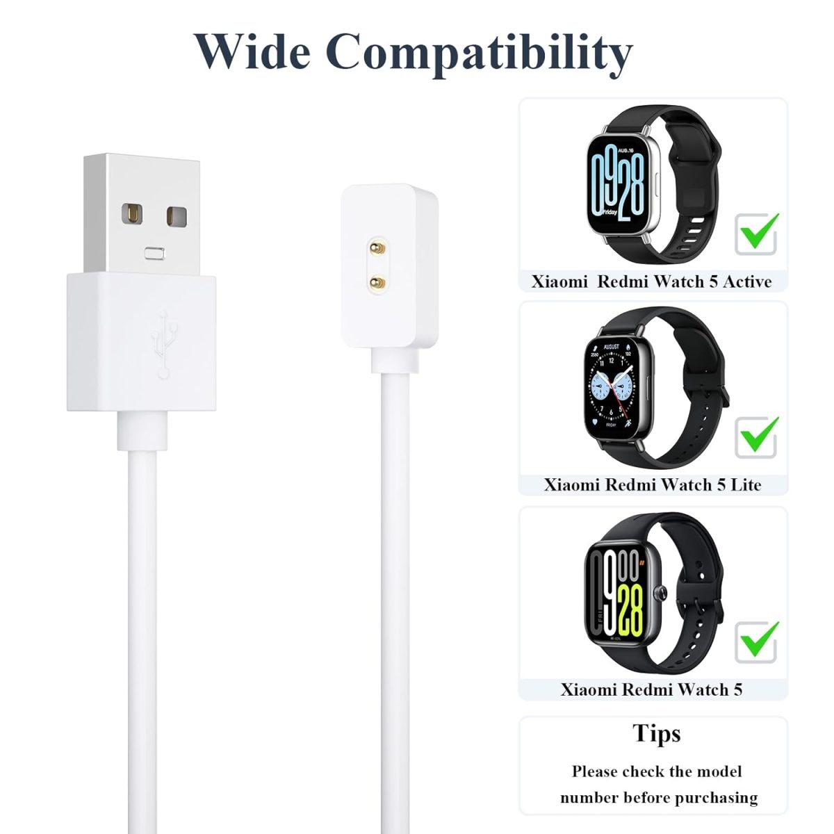 ⁦Charger for Xiaomi Redmi Watch 5 Active/ 5/5 Lite, Magnetic Charger with USB/Type C for Redmi Watch 5 Active Charging Cable (1 m / 3.3 ft) (USB White)⁩ - الصورة ⁦4⁩