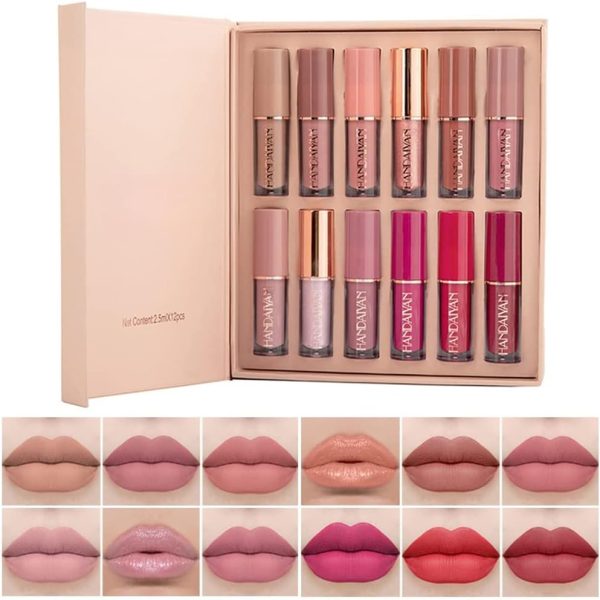 SYOSI 12 Pcs Velvet Matte Liquid Lipstick Set, Waterproof Long Lasting Non-stick Cup Not Fade Nude Lip Gloss Set, Up To 24 Hours, Professional Lip Makeup Gift Kit For Women