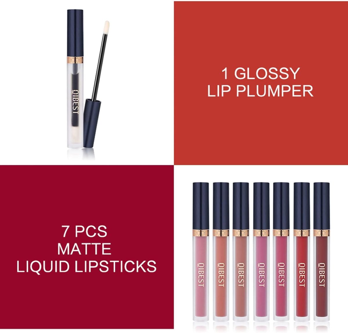 ⁦QiBest 7Pcs Matte Liquid Lipstick + 1Pcs Lip Plumper Makeup Set Kit, Pigmented Long Lasting Lip Gloss Set, Velvet Waterproof Lip Makeup Valentine's Day Gift Sets for Girls and Women⁩ - الصورة ⁦2⁩