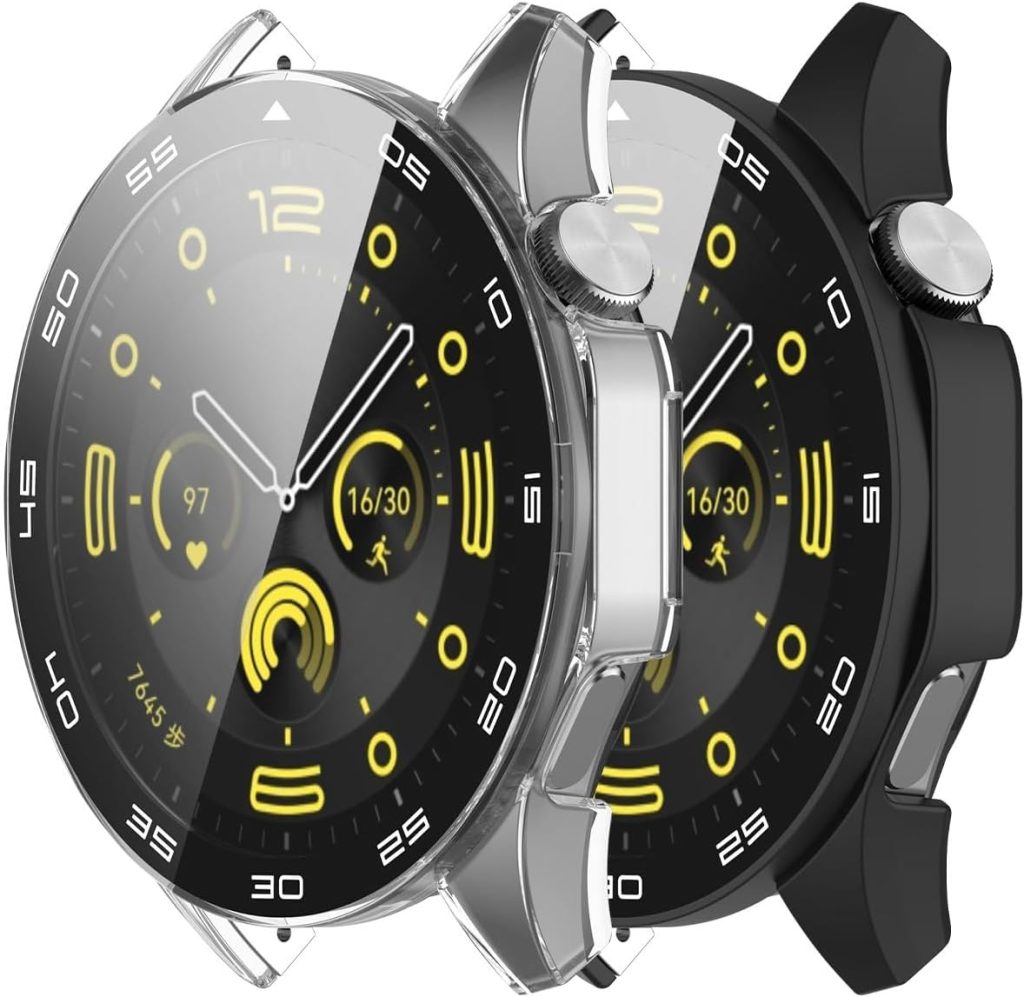 Azonee 2 Pack Case Compatible with Huawei Watch GT4 46mm, Hard PC Bumper with HD Clear Tempered Glass Screen Protector, Shell with Scale, Full Protection Slim Cover for Huawei Watch GT4 (Clear+Black)