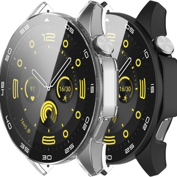 Azonee 2 Pack Case Compatible with Huawei Watch GT4 46mm, Hard PC Bumper with HD Clear Tempered Glass Screen Protector, Shell with Scale, Full Protection Slim Cover for Huawei Watch GT4 (Clear+Black)